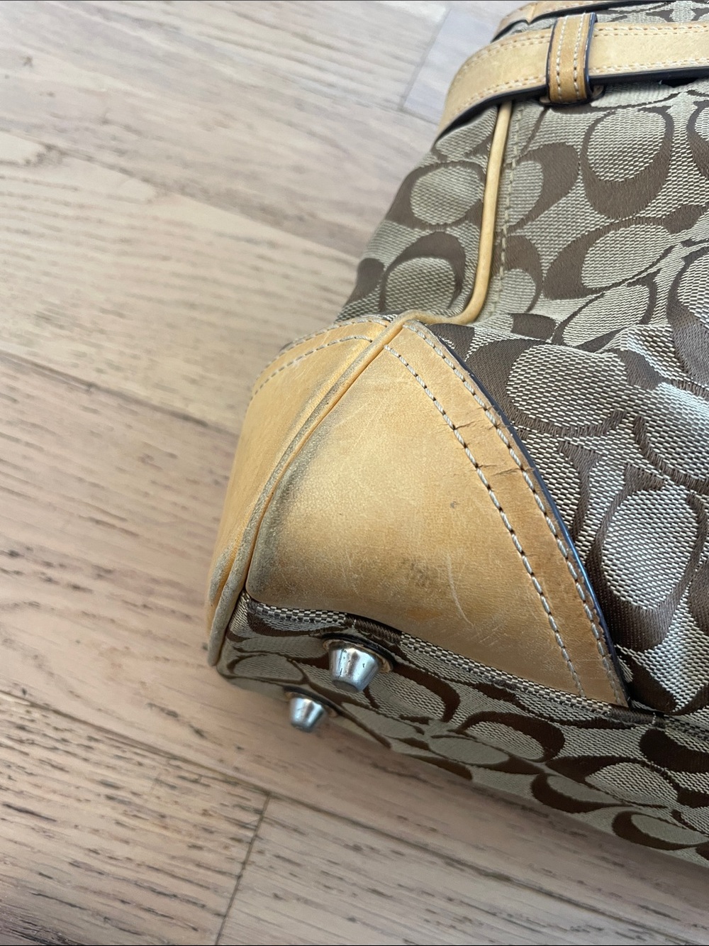 Coach Signature Jacquard Leather Trim Satchel Shoulder Bag Brown Tan - Picture 8 of 9
